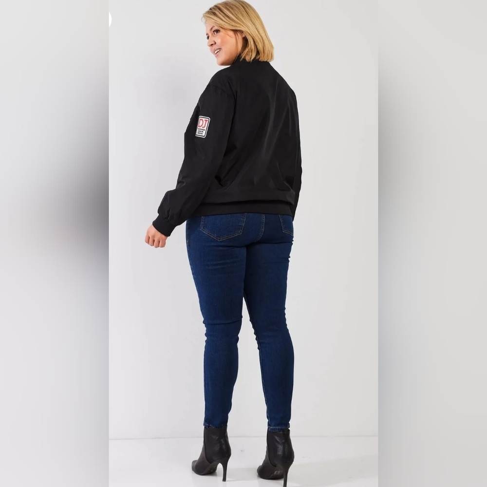 NWT ADORA Black Aviator Retro Patches Bomber Jacket Size 1X - Picture 3 of 4
